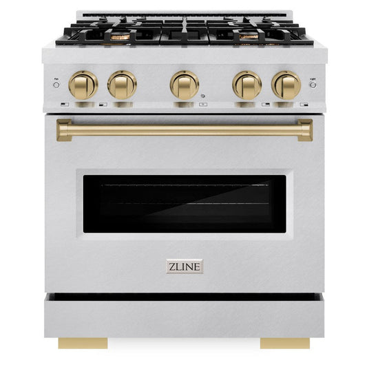 ZLINE Autograph Edition 30 in. Classic Dual Fuel Range, 4.2 cu. ft., 4 Burner Gas Cooktop with Electric Convection Oven, Satin Stainless Steel with Champagne Bronze Accents (CDRSZ-30-CB)