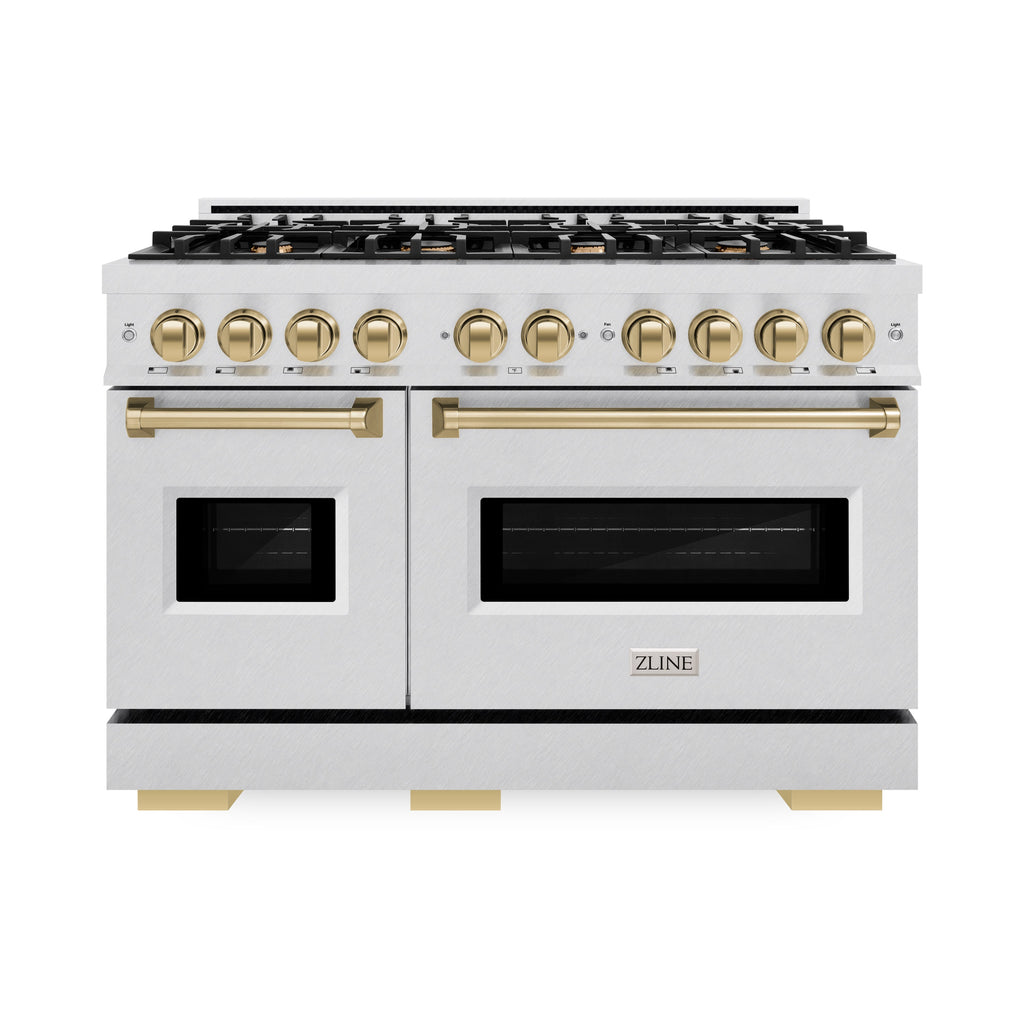 ZLINE 48 in. Dual Fuel Range Double Oven 6.7 cu. ft. Capacity 8 Brass Burners Satin Stainless Steel Champagne Bronze Accents (CDRSZ-48-CB)