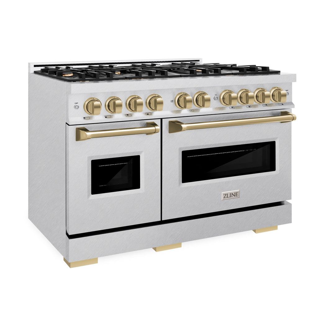 ZLINE 48 in. Dual Fuel Range Double Oven 6.7 cu. ft. Capacity 8 Brass Burners Satin Stainless Steel Champagne Bronze Accents (CDRSZ-48-CB)