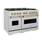 ZLINE 48 in. Dual Fuel Range Double Oven 6.7 cu. ft. Capacity 8 Brass Burners Satin Stainless Steel Champagne Bronze Accents (CDRSZ-48-CB)