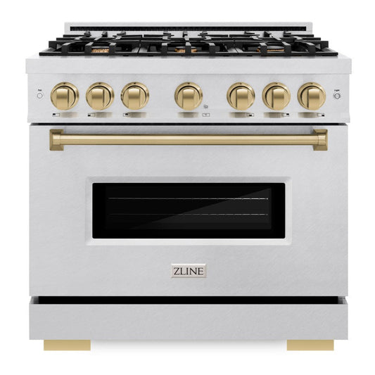 ZLINE 36 in. Dual Fuel Range 5.2 cu. ft. 6 Burner Gas Cooktop Electric Convection Oven Satin Stainless Steel Champagne Bronze Accents (CDRSZ-36-CB)