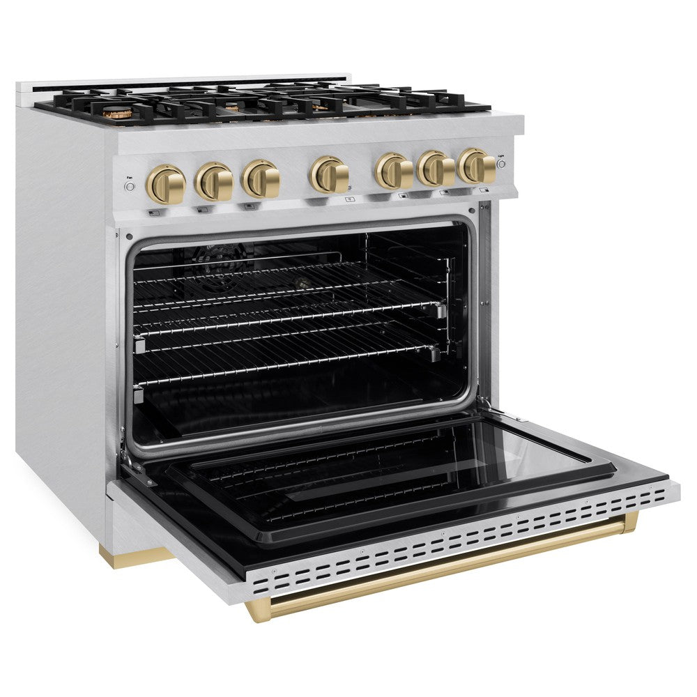 ZLINE 36 in. Dual Fuel Range 5.2 cu. ft. 6 Burner Gas Cooktop Electric Convection Oven Satin Stainless Steel Champagne Bronze Accents (CDRSZ-36-CB)