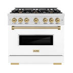 ZLINE 36 in. Dual Fuel Range 5.2 cu. ft. with 6 Burner Gas Cooktop, Electric Convection Oven, White Matte Door & Champagne Bronze Accents (CDRSZ-WM-36-CB)