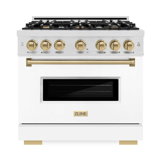 ZLINE 36 in. Dual Fuel Range 5.2 cu. ft. with 6 Burner Gas Cooktop, Electric Convection Oven, White Matte Door & Champagne Bronze Accents (CDRSZ-WM-36-CB)
