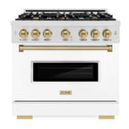 ZLINE 36 in. Dual Fuel Range 5.2 cu. ft. – 6 Burner Gas Cooktop, Electric Convection Oven, Satin Stainless Steel, White Matte Door, Polished Gold Accents (CDRSZ-WM-36-G)