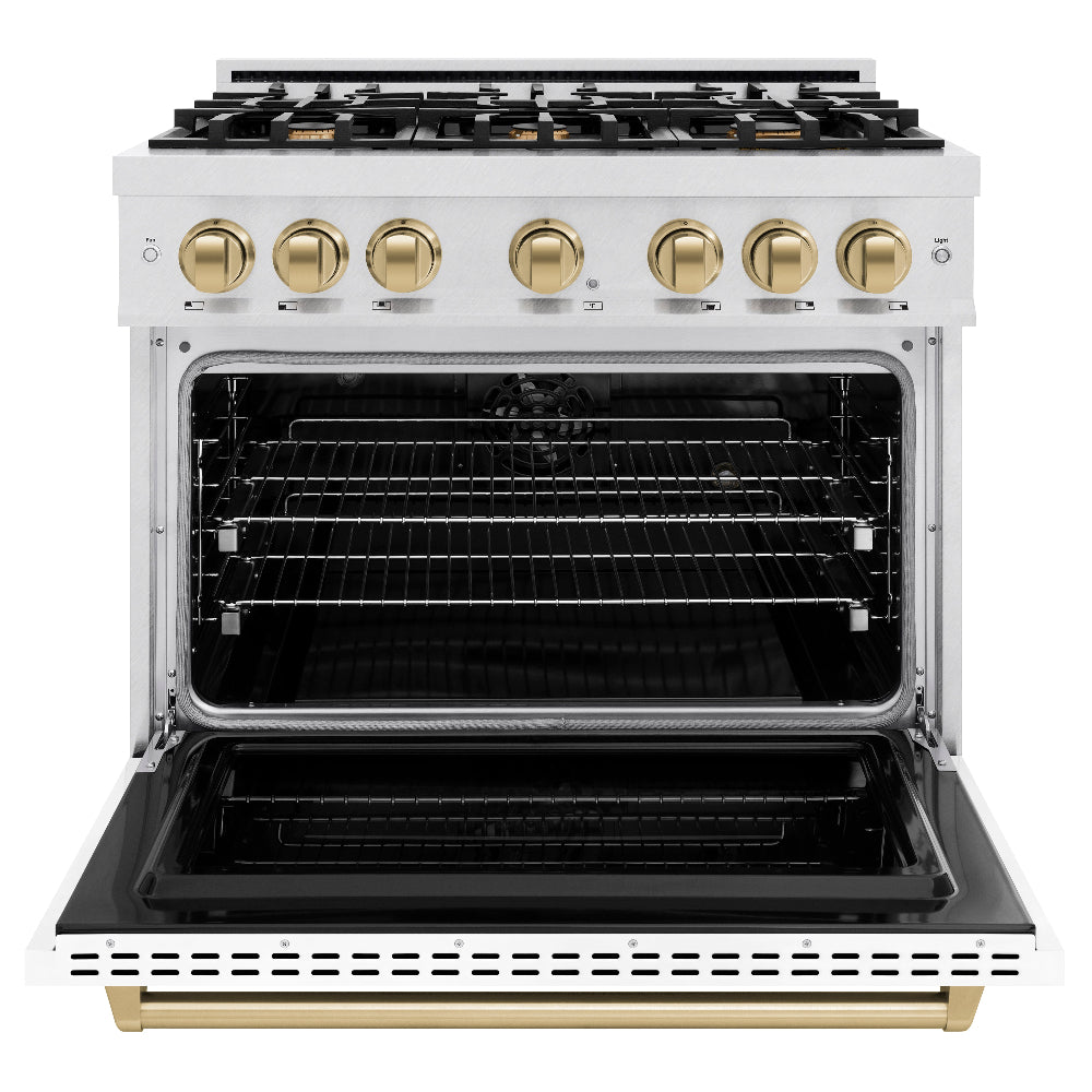 ZLINE 36 in. Dual Fuel Range 5.2 cu. ft. – 6 Burner Gas Cooktop, Electric Convection Oven, Satin Stainless Steel, White Matte Door, Polished Gold Accents (CDRSZ-WM-36-G)