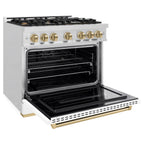 ZLINE 36 in. Dual Fuel Range 5.2 cu. ft. – 6 Burner Gas Cooktop, Electric Convection Oven, Satin Stainless Steel, White Matte Door, Polished Gold Accents (CDRSZ-WM-36-G)