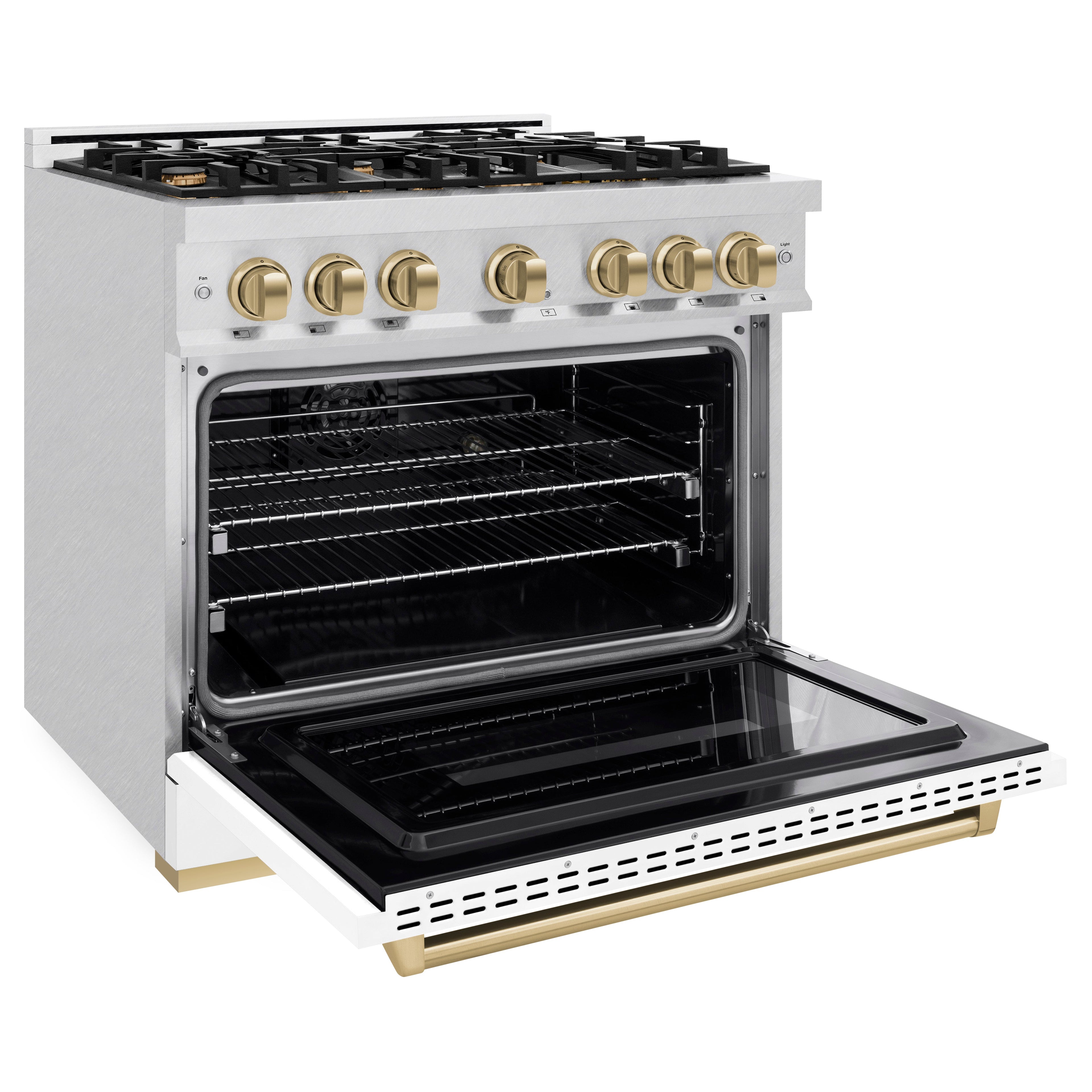 ZLINE 36 in. Dual Fuel Range 5.2 cu. ft. – 6 Burner Gas Cooktop, Electric Convection Oven, Satin Stainless Steel, White Matte Door, Polished Gold Accents (CDRSZ-WM-36-G)