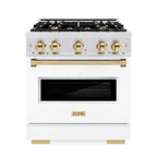 ZLINE 30 in. Dual Fuel Range 4.2 cu. ft. Gas Cooktop with 4 Burners and Electric Convection Oven, Satin Stainless Steel with White Matte Door and Polished Gold Accents (CDRSZ-WM-30-G)