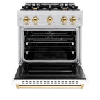 ZLINE 30 in. Dual Fuel Range 4.2 cu. ft. Gas Cooktop with 4 Burners and Electric Convection Oven, Satin Stainless Steel with White Matte Door and Polished Gold Accents (CDRSZ-WM-30-G)