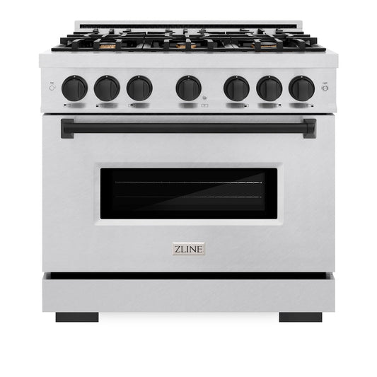 ZLINE 36 in. Dual Fuel Range 5.2 cu. ft. 6 Gas Burners Electric Convection Oven Satin Stainless Steel Matte Black Accents (CDRSZ-36-MB)