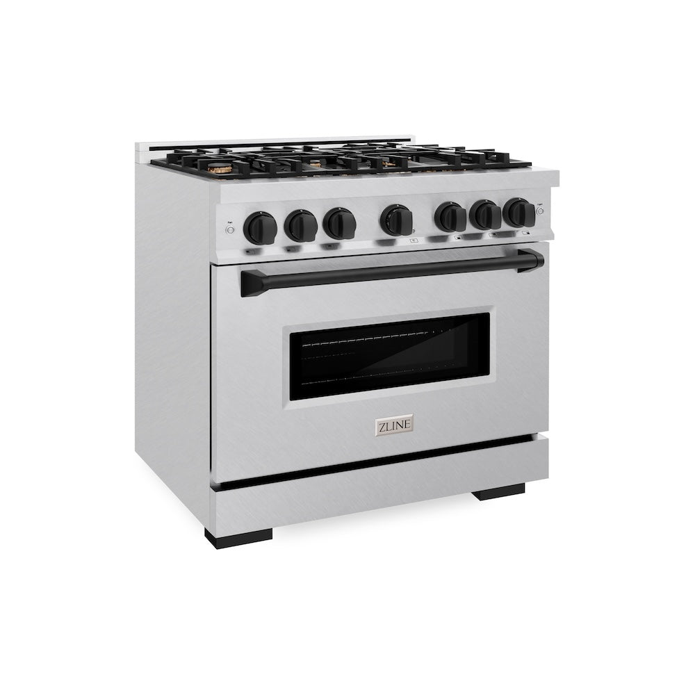 ZLINE 36 in. Dual Fuel Range 5.2 cu. ft. 6 Gas Burners Electric Convection Oven Satin Stainless Steel Matte Black Accents (CDRSZ-36-MB)