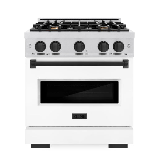 ZLINE Autograph Edition 30 in. Classic Dual Fuel Range 4.2 cu. ft. with 4 Burner Gas Cooktop and Electric Convection Oven in Satin Stainless Steel with White Matte Door and Matte Black Accents (CDRSZ-WM-30-MB)