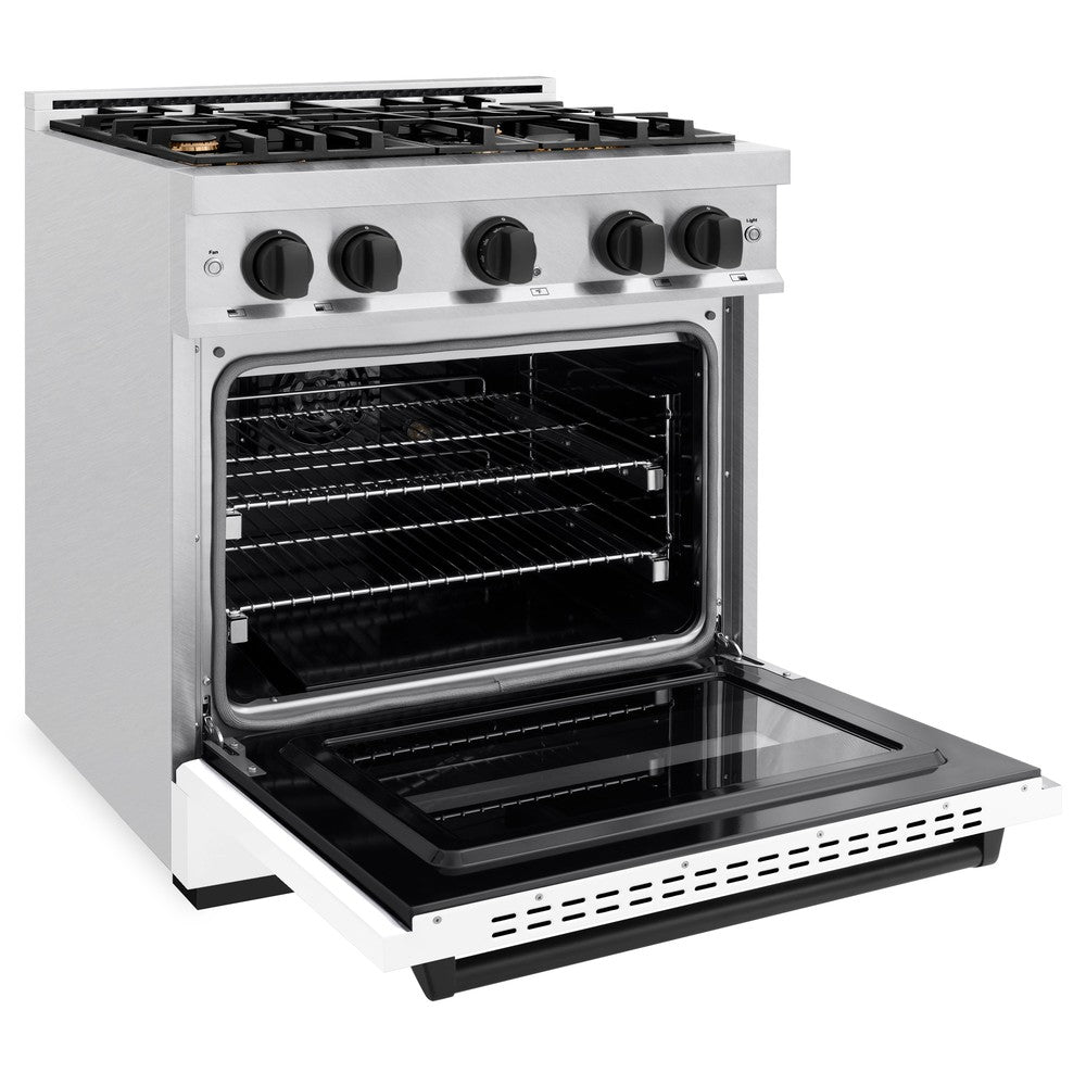 ZLINE Autograph Edition 30 in. Classic Dual Fuel Range 4.2 cu. ft. with 4 Burner Gas Cooktop and Electric Convection Oven in Satin Stainless Steel with White Matte Door and Matte Black Accents (CDRSZ-WM-30-MB)