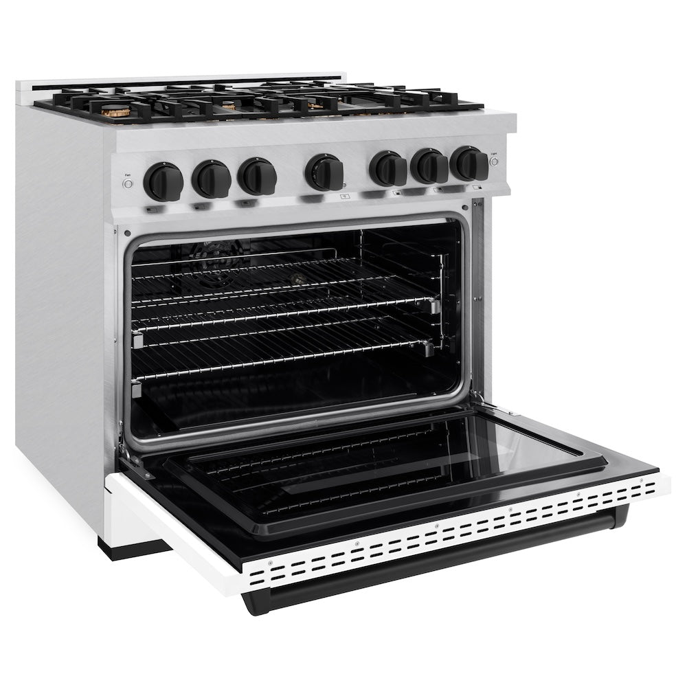 ZLINE 36 in. Dual Fuel Range 5.2 cu. ft. 6 Burner Gas Cooktop Electric Convection Oven Satin Stainless Steel White Matte Door Matte Black Accents (CDRSZ-WM-36-MB)