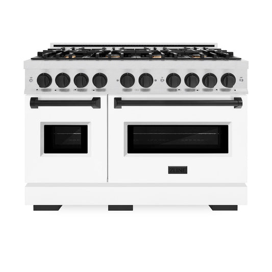 ZLINE 48 in. Dual Fuel Range Double Oven 6.7 cu. ft. with 8 Gas Burners, Satin Stainless Steel, White Matte Doors & Matte Black Accents (CDRSZ-WM-48-MB)