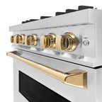 ZLINE Autograph Edition 30 in. Classic Dual Fuel Range with 4 Burner Gas Cooktop and Electric Convection Oven, 4.2 cu. ft., Satin Stainless Steel with Polished Gold Accents (CDRSZ-30-G)