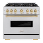 ZLINE 36 in. Dual Fuel Range 5.2 cu. ft. with 6 Burner Gas Cooktop, Electric Convection Oven, Satin Stainless Steel, Polished Gold Accents (CDRSZ-36-G)