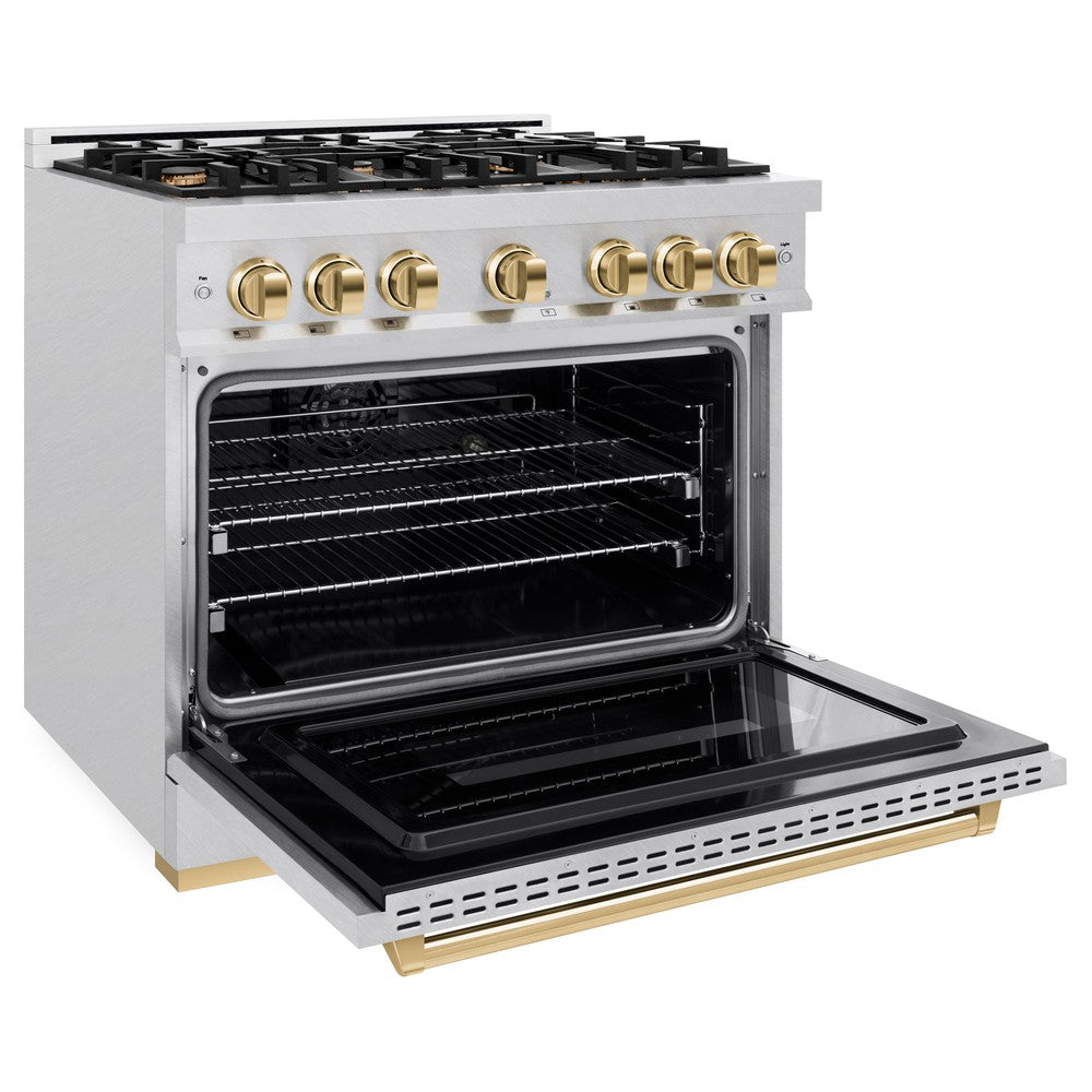 ZLINE 36 in. Dual Fuel Range 5.2 cu. ft. with 6 Burner Gas Cooktop, Electric Convection Oven, Satin Stainless Steel, Polished Gold Accents (CDRSZ-36-G)