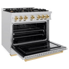 ZLINE 36 in. Dual Fuel Range 5.2 cu. ft. with 6 Burner Gas Cooktop, Electric Convection Oven, Satin Stainless Steel, Polished Gold Accents (CDRSZ-36-G)