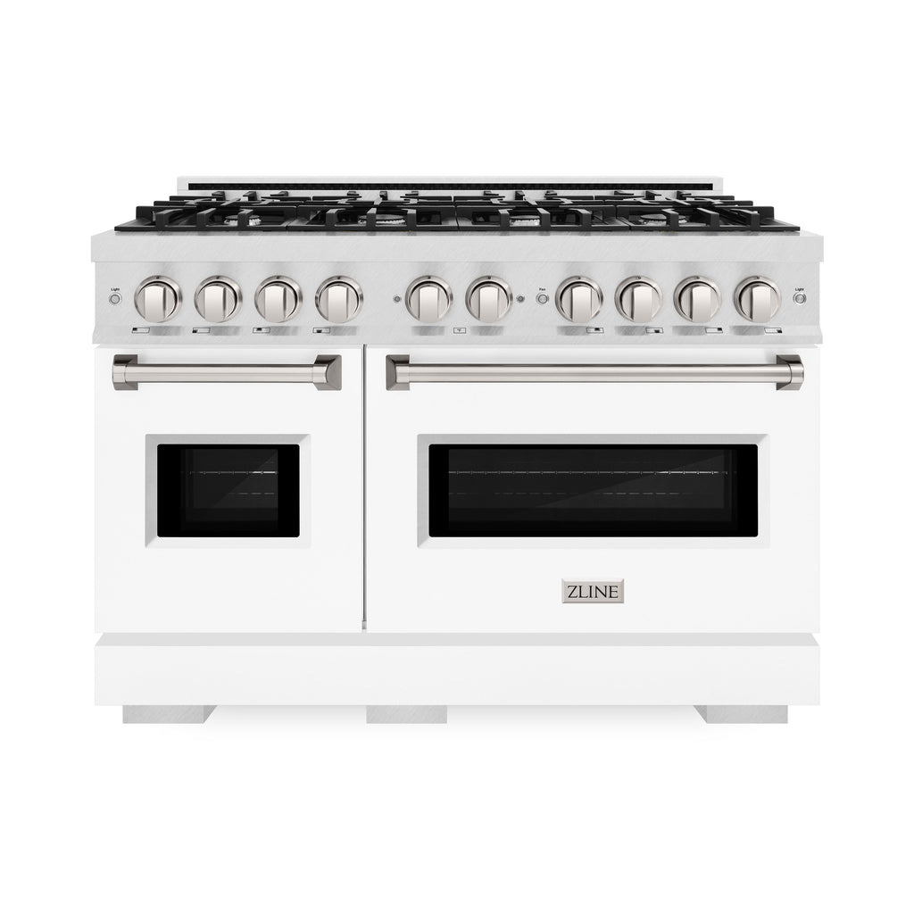 ZLINE 48 in. Dual Fuel Range – Double Oven, 8 Burner Gas Cooktop, 6.7 cu. ft., Satin Stainless Steel with White Matte Doors (CDRS-WM-48)