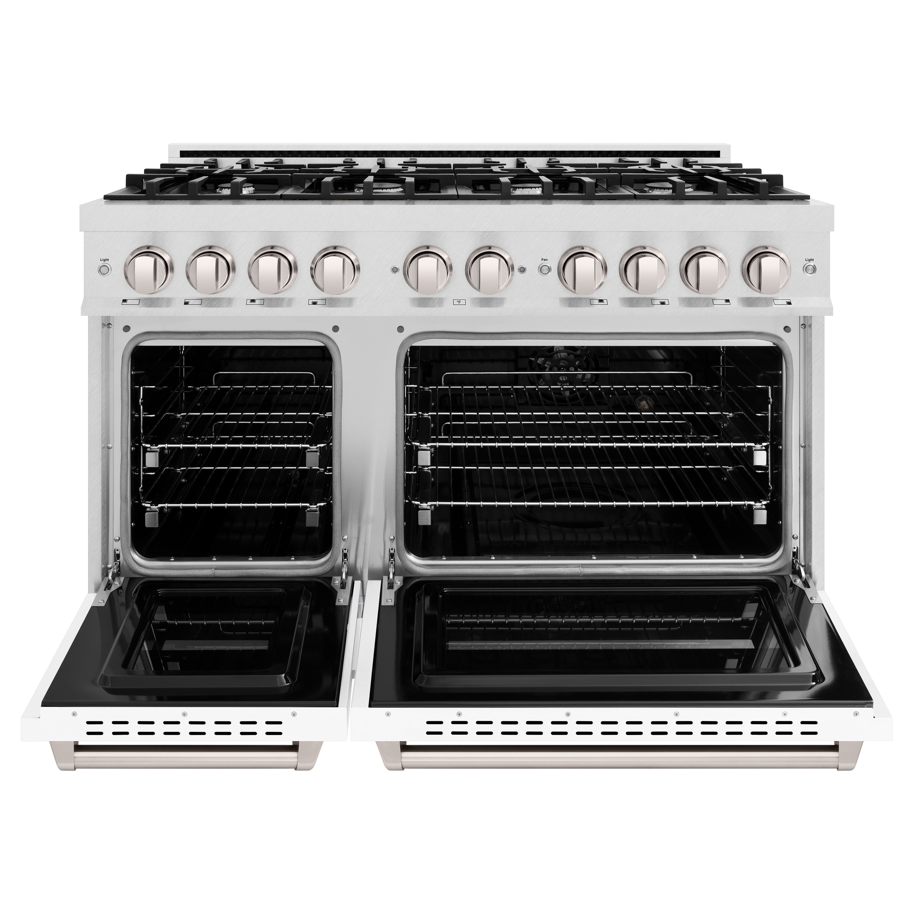 ZLINE 48 in. Dual Fuel Range – Double Oven, 8 Burner Gas Cooktop, 6.7 cu. ft., Satin Stainless Steel with White Matte Doors (CDRS-WM-48)