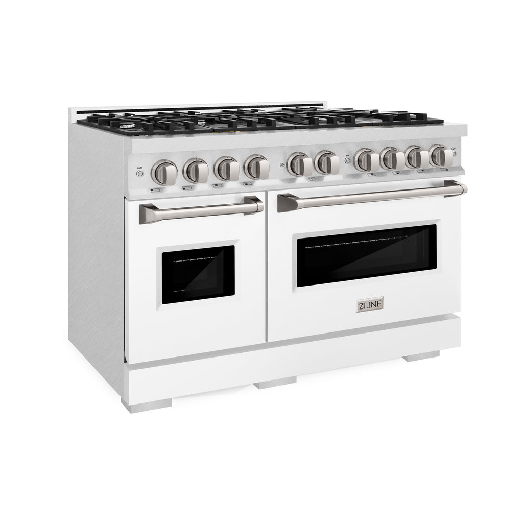 ZLINE 48 in. Dual Fuel Range – Double Oven, 8 Burner Gas Cooktop, 6.7 cu. ft., Satin Stainless Steel with White Matte Doors (CDRS-WM-48)