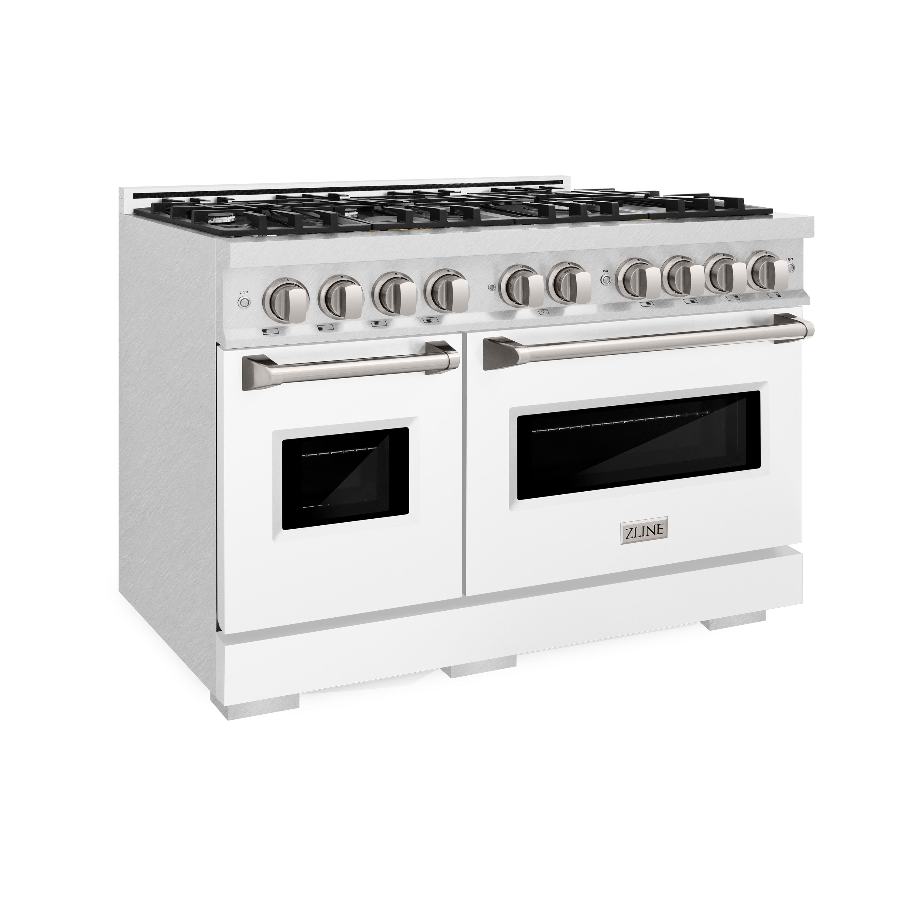 ZLINE 48 in. Dual Fuel Range – Double Oven, 8 Burner Gas Cooktop, 6.7 cu. ft., Satin Stainless Steel with White Matte Doors (CDRS-WM-48)