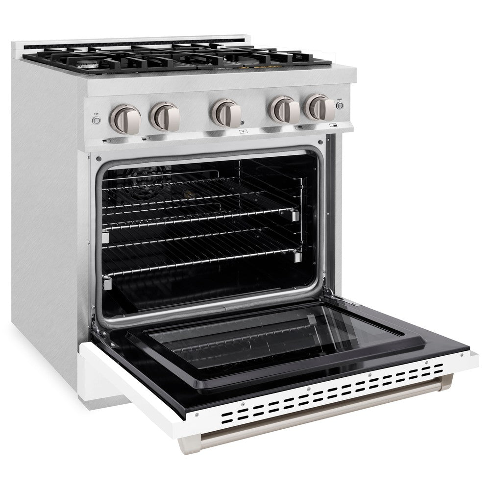 ZLINE 30 in. Select Dual Fuel Range, 4.2 cu. ft., 4 Burner Gas Cooktop with Electric Convection Oven, Satin Stainless Steel with White Matte Door, MODEL HDRS-WM-30