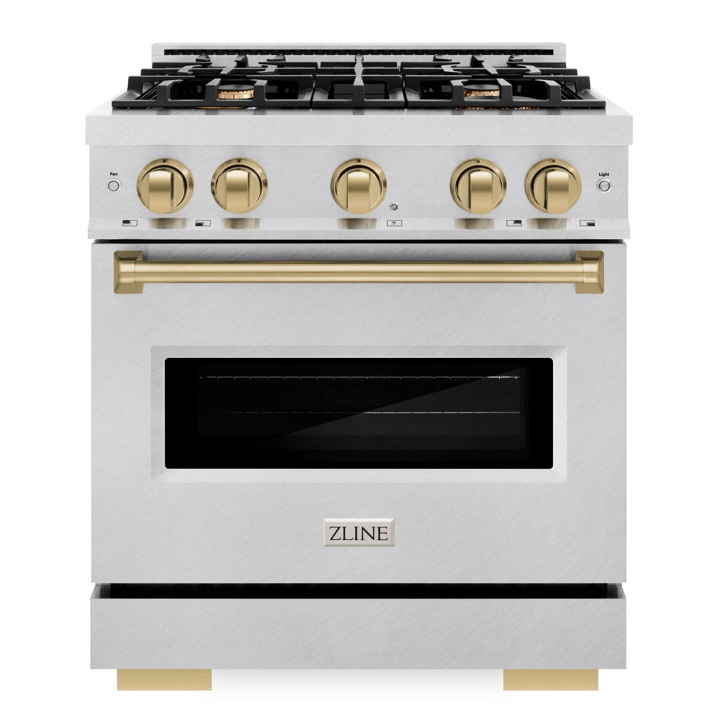 ZLINE 30 in. Gas Range 4.2 cu. ft. 4 Burner Cooktop Convection Gas Oven Satin Stainless Steel with Champagne Bronze Accents (CGRSZ-30-CB)