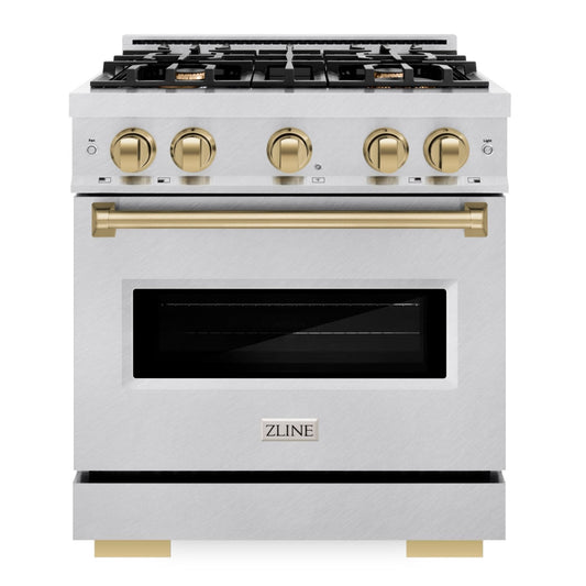 ZLINE 30 in. Gas Range 4.2 cu. ft. 4 Burner Cooktop Convection Gas Oven Satin Stainless Steel with Champagne Bronze Accents (CGRSZ-30-CB)