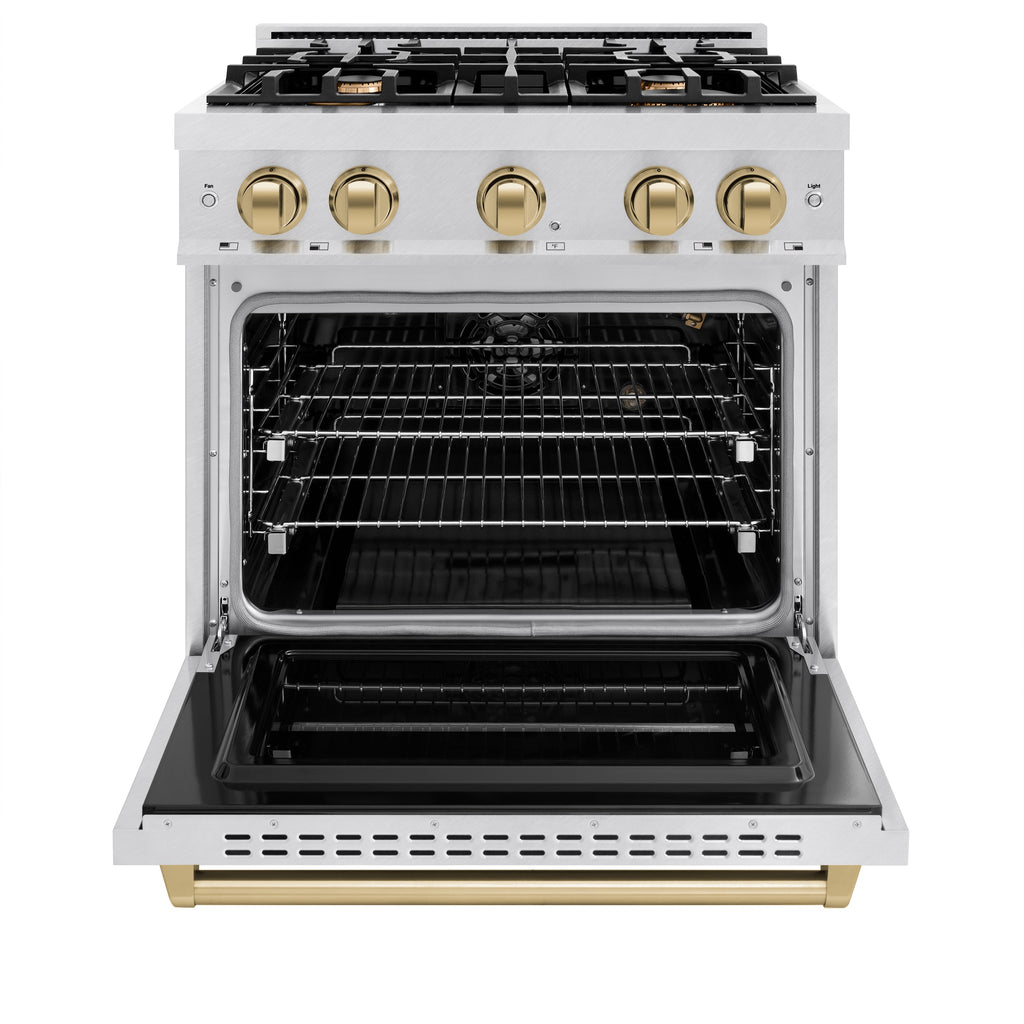 ZLINE 30 in. Gas Range 4.2 cu. ft. 4 Burner Cooktop Convection Gas Oven Satin Stainless Steel with Champagne Bronze Accents (CGRSZ-30-CB)