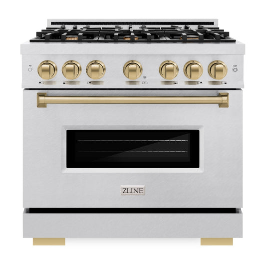 ZLINE 36 in. Gas Range 5.2 cu. ft. 6 Burner Cooktop Convection Gas Oven Satin Stainless Steel Champagne Bronze Accents (CGRSZ-36-CB)