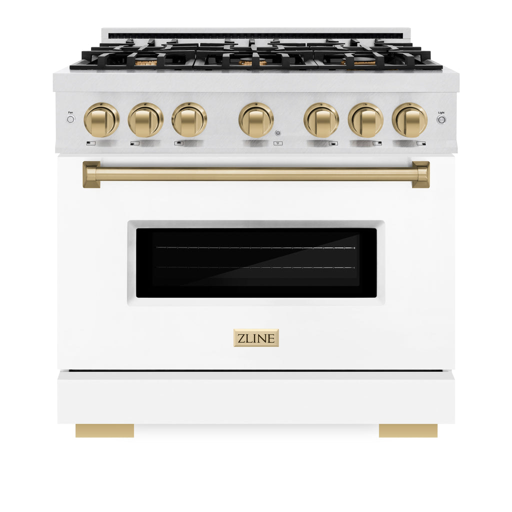 ZLINE 36 in. Classic Gas Range 5.2 cu. ft. – 6 Burner Cooktop, Convection Gas Oven, Satin Stainless Steel, White Matte Door, Champagne Bronze Accents (CGRSZ-WM-36-CB)
