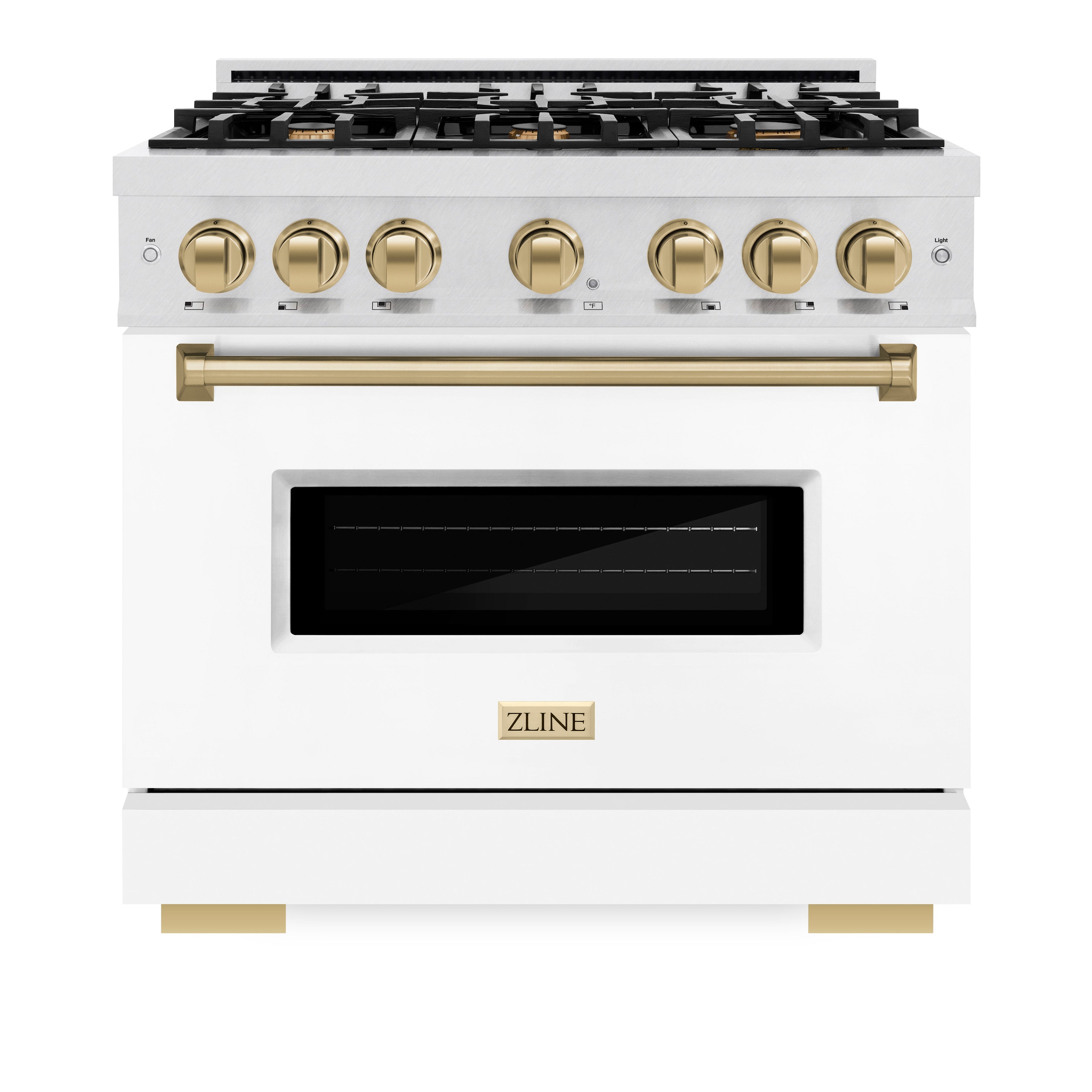 ZLINE 36 in. Classic Gas Range 5.2 cu. ft. – 6 Burner Cooktop, Convection Gas Oven, Satin Stainless Steel, White Matte Door, Champagne Bronze Accents (CGRSZ-WM-36-CB)