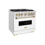 ZLINE 36 in. Classic Gas Range 5.2 cu. ft. – 6 Burner Cooktop, Convection Gas Oven, Satin Stainless Steel, White Matte Door, Champagne Bronze Accents (CGRSZ-WM-36-CB)