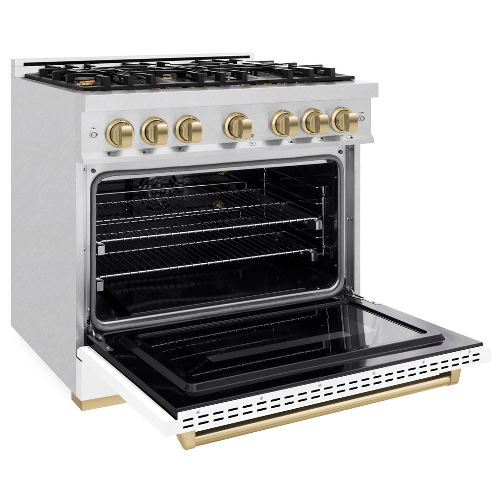 ZLINE 36 in. Classic Gas Range 5.2 cu. ft. – 6 Burner Cooktop, Convection Gas Oven, Satin Stainless Steel, White Matte Door, Champagne Bronze Accents (CGRSZ-WM-36-CB)