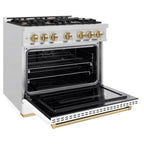 ZLINE 36 in. Classic Gas Range 5.2 cu. ft. – 6 Burner Cooktop, Convection Gas Oven, Satin Stainless Steel, White Matte Door, Champagne Bronze Accents (CGRSZ-WM-36-CB)