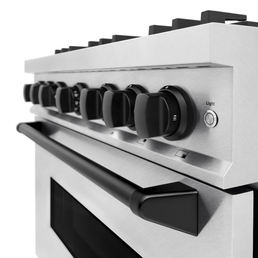 ZLINE 36 in. Gas Range 5.2 cu. ft. 6 Burner Cooktop Convection Gas Oven Satin Stainless Steel Matte Black Accents (CGRSZ-36-MB)