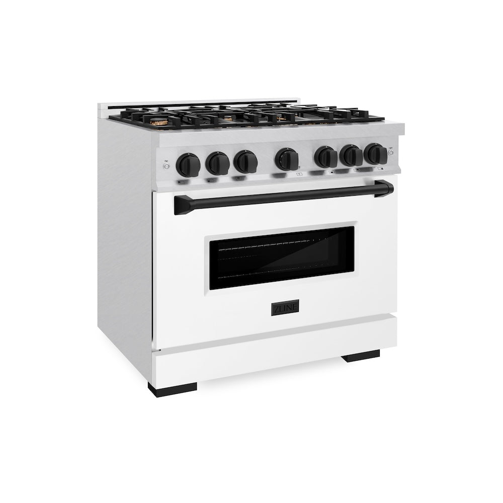 ZLINE 36 in. Gas Range 5.2 cu. ft. 6 Burner Cooktop Convection Gas Oven Satin Stainless Steel with White Matte Door & Matte Black Accents (CGRSZ-WM-36-MB)