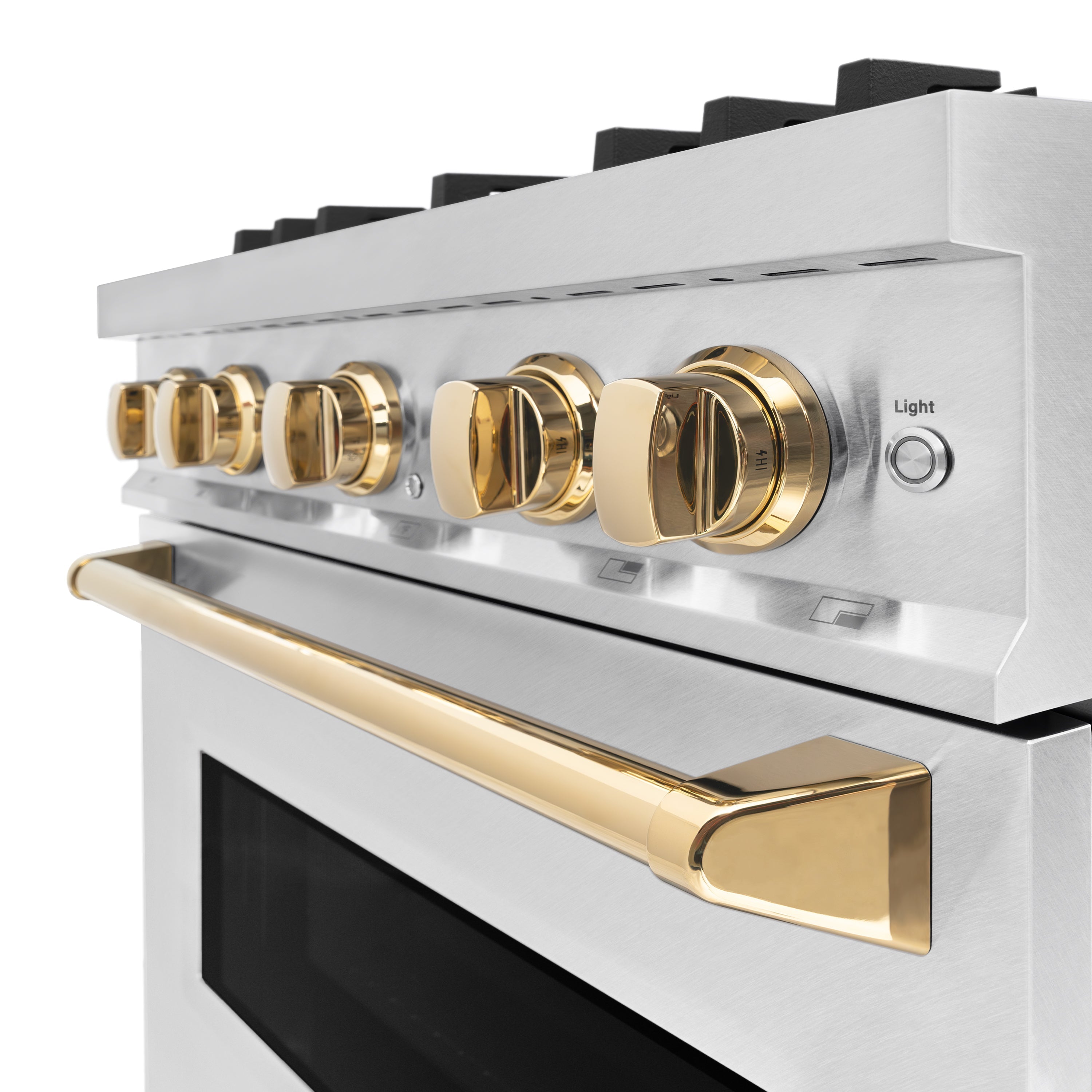 ZLINE 30 in. Gas Range 4.2 cu. ft. 4 Burners Convection Oven Satin Stainless Steel with Polished Gold Accents (CGRSZ-30-G)