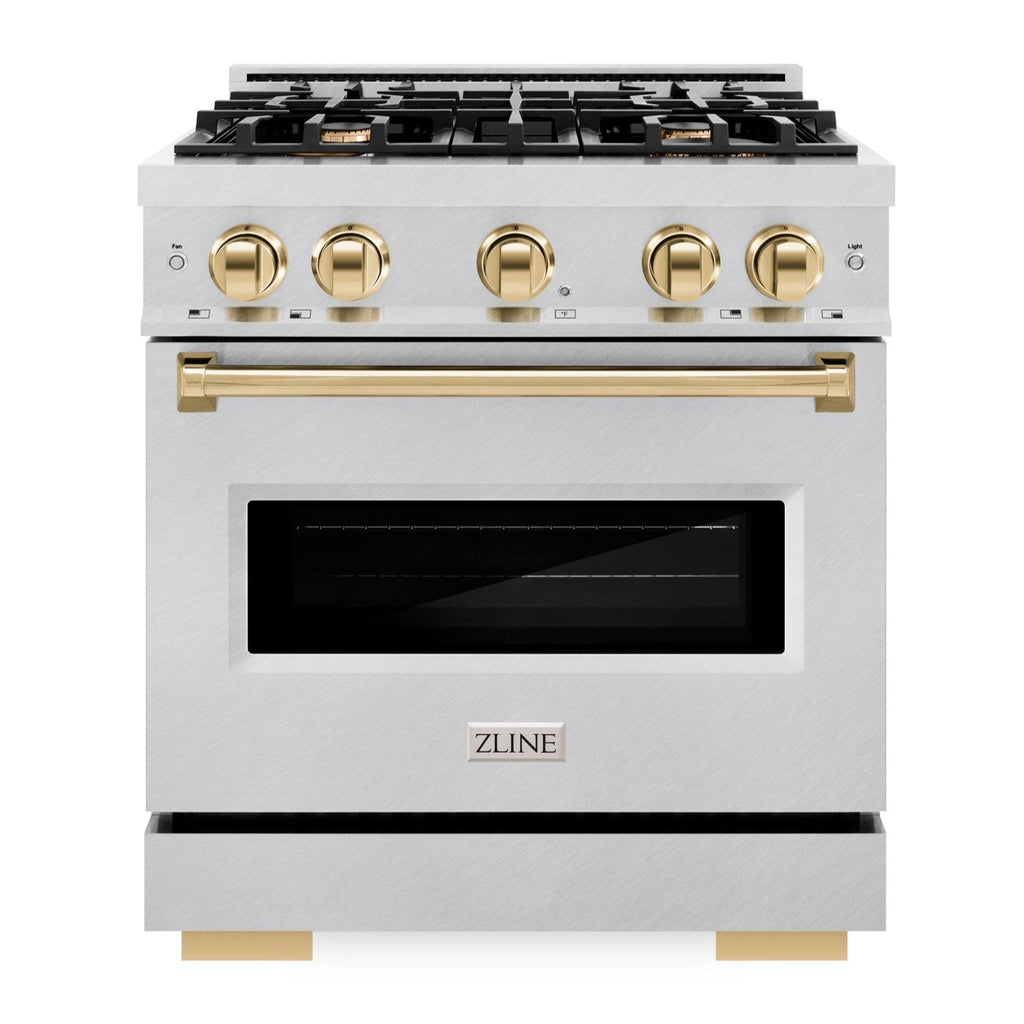 ZLINE 30 in. Gas Range 4.2 cu. ft. 4 Burners Convection Oven Satin Stainless Steel with Polished Gold Accents (CGRSZ-30-G)