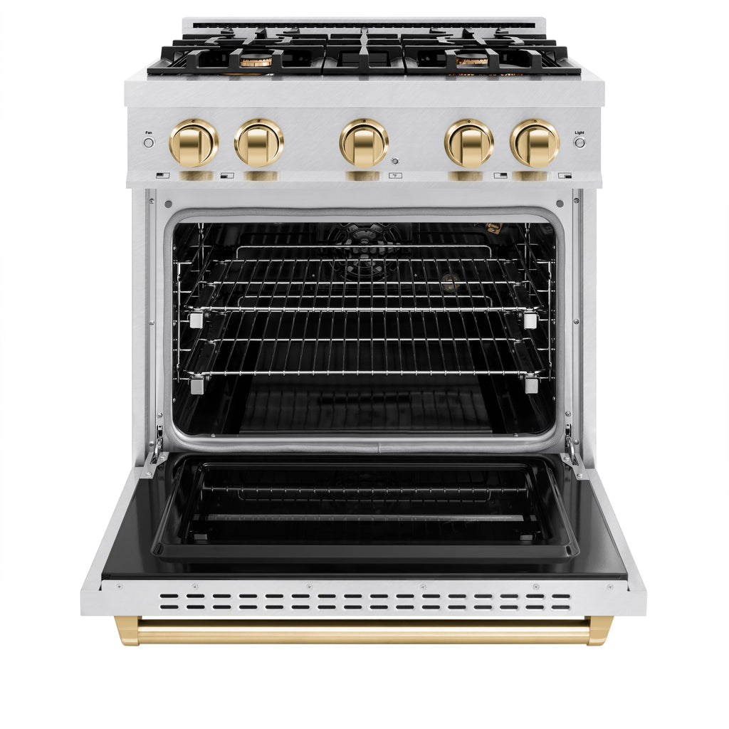 ZLINE 30 in. Gas Range 4.2 cu. ft. 4 Burners Convection Oven Satin Stainless Steel with Polished Gold Accents (CGRSZ-30-G)