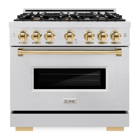 ZLINE 36 in. Gas Range 5.2 cu. ft. 6 Burner Cooktop Convection Gas Oven Satin Stainless Steel with Polished Gold Accents (CGRSZ-36-G)