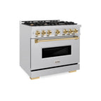 ZLINE 36 in. Gas Range 5.2 cu. ft. 6 Burner Cooktop Convection Gas Oven Satin Stainless Steel with Polished Gold Accents (CGRSZ-36-G)