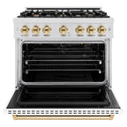 ZLINE 36 in. Gas Range – 6 Burner Cooktop, Convection Gas Oven, White Matte Door, Polished Gold Accents, Satin Stainless Steel – 5.2 cu. ft. (CGRSZ-WM-36-G)