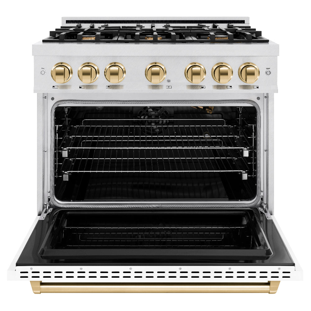 ZLINE 36 in. Gas Range – 6 Burner Cooktop, Convection Gas Oven, White Matte Door, Polished Gold Accents, Satin Stainless Steel – 5.2 cu. ft. (CGRSZ-WM-36-G)