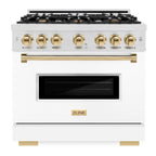 ZLINE 36 in. Gas Range – 6 Burner Cooktop, Convection Gas Oven, White Matte Door, Polished Gold Accents, Satin Stainless Steel – 5.2 cu. ft. (CGRSZ-WM-36-G)