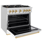 ZLINE 36 in. Gas Range – 6 Burner Cooktop, Convection Gas Oven, White Matte Door, Polished Gold Accents, Satin Stainless Steel – 5.2 cu. ft. (CGRSZ-WM-36-G)