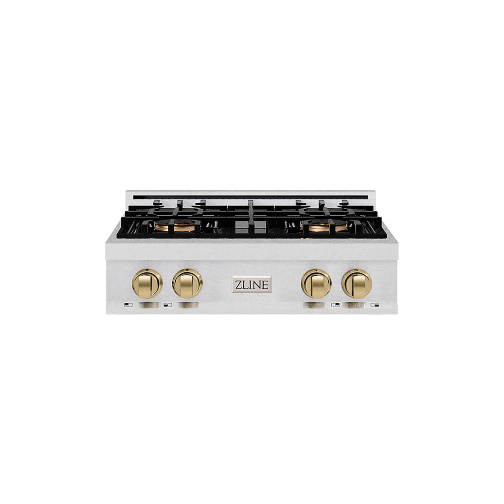 ZLINE Autograph Edition 30" Classic Gas Rangetop with 4 Burner DuoPro™ Cooktop in Satin Stainless Steel and Champagne Bronze Accents, PCRTSZ-30-CB